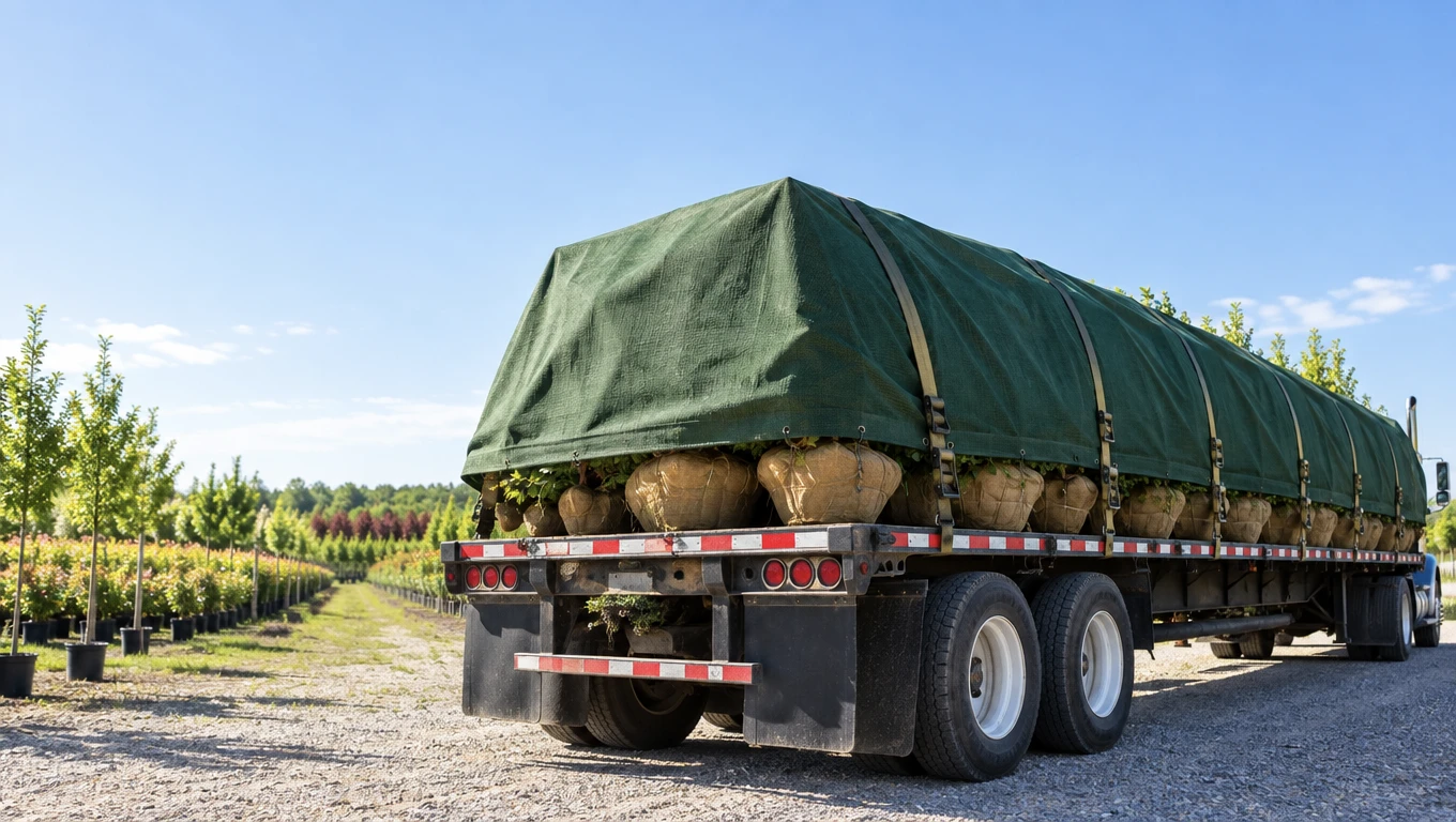 Flatbed trailer carrying trees